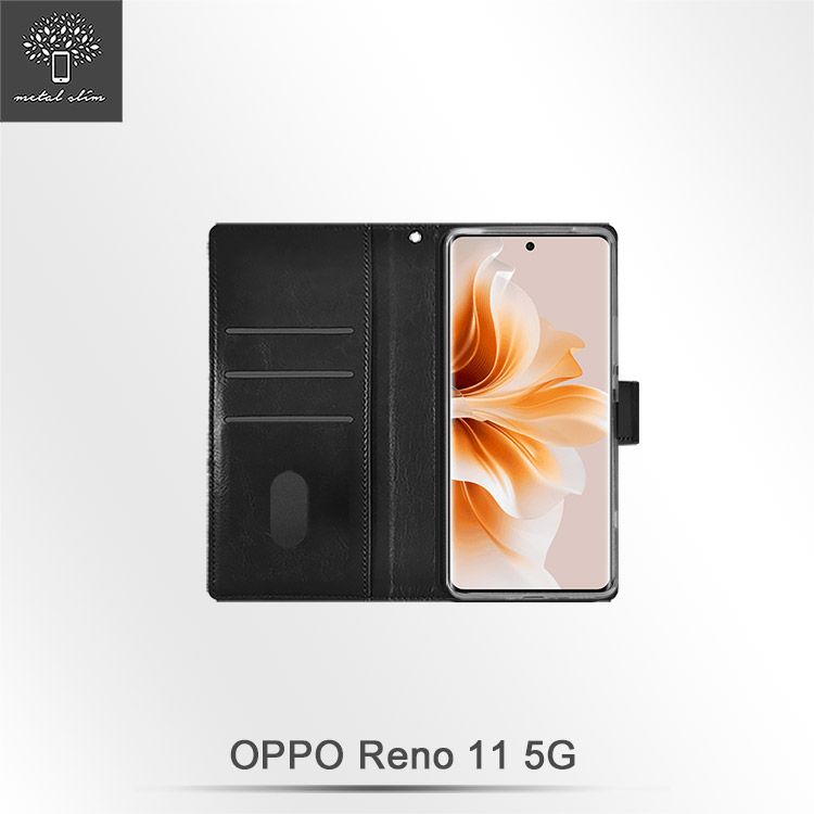 Metal-Slim OPPO Reno 11 5G 高仿小牛皮前扣磁吸內層卡夾皮套