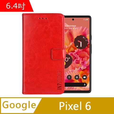 IN7 瘋馬紋 Google Pixel 6 (6.4吋) 錢包式 磁扣側掀PU皮套 吊飾孔 手機皮套保護殼-紅色
