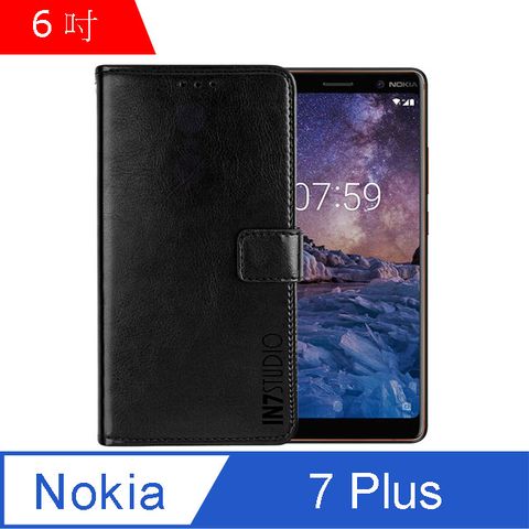 IN7 瘋馬紋 Nokia 7 Plus (6吋) 錢包式 磁扣側掀PU皮套 吊飾孔 手機皮套保護殼-黑色