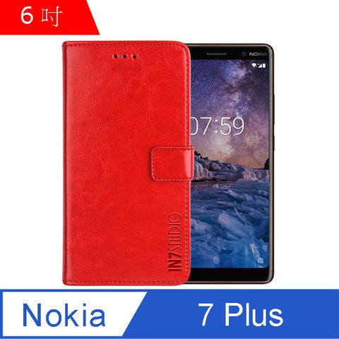 IN7 瘋馬紋 Nokia 7 Plus (6吋) 錢包式 磁扣側掀PU皮套 吊飾孔 手機皮套保護殼-紅色