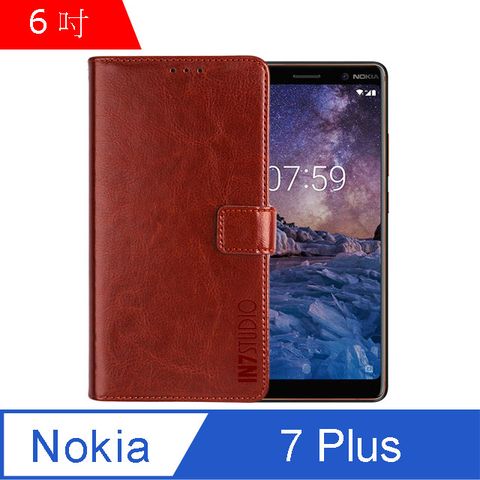 IN7 瘋馬紋 Nokia 7 Plus (6吋) 錢包式 磁扣側掀PU皮套 吊飾孔 手機皮套保護殼-棕色