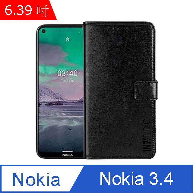 IN7  瘋馬紋 Nokia 3.4 (6.39吋) 錢包式 磁扣側掀PU皮套 吊飾孔 手機皮套保護殼-黑色