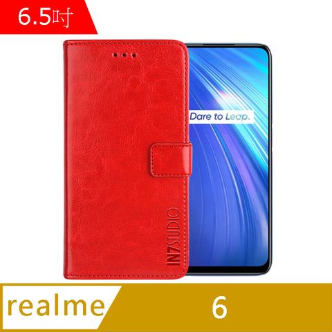 IN7 瘋馬紋 realme 6 (6.5吋) 錢包式 磁扣側掀PU皮套 吊飾孔 手機皮套保護殼-紅色