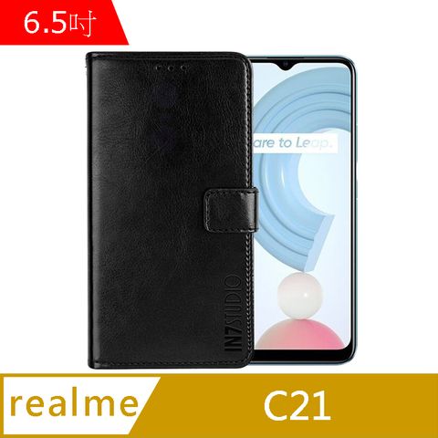 IN7 瘋馬紋 realme C21 (6.5吋) 錢包式 磁扣側掀PU皮套 吊飾孔 手機皮套保護殼-黑色