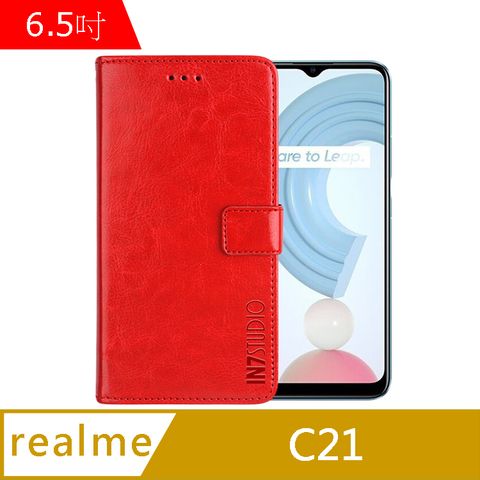 IN7 瘋馬紋 realme C21 (6.5吋) 錢包式 磁扣側掀PU皮套 吊飾孔 手機皮套保護殼-紅色