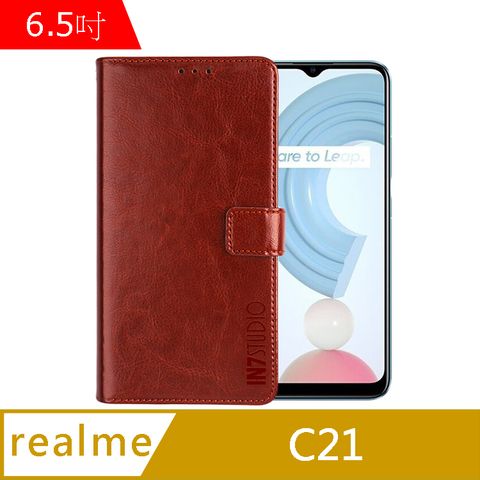 IN7 瘋馬紋 realme C21 (6.5吋) 錢包式 磁扣側掀PU皮套 吊飾孔 手機皮套保護殼-棕色