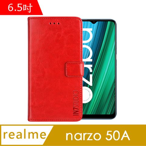 IN7 瘋馬紋 realme narzo 50A (6.5吋) 錢包式 磁扣側掀PU皮套 吊飾孔 手機皮套保護殼-紅色