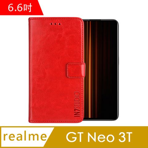 IN7 瘋馬紋 realme GT Neo 3T (6.6吋) 錢包式 磁扣側掀PU皮套 吊飾孔 手機皮套保護殼-紅色