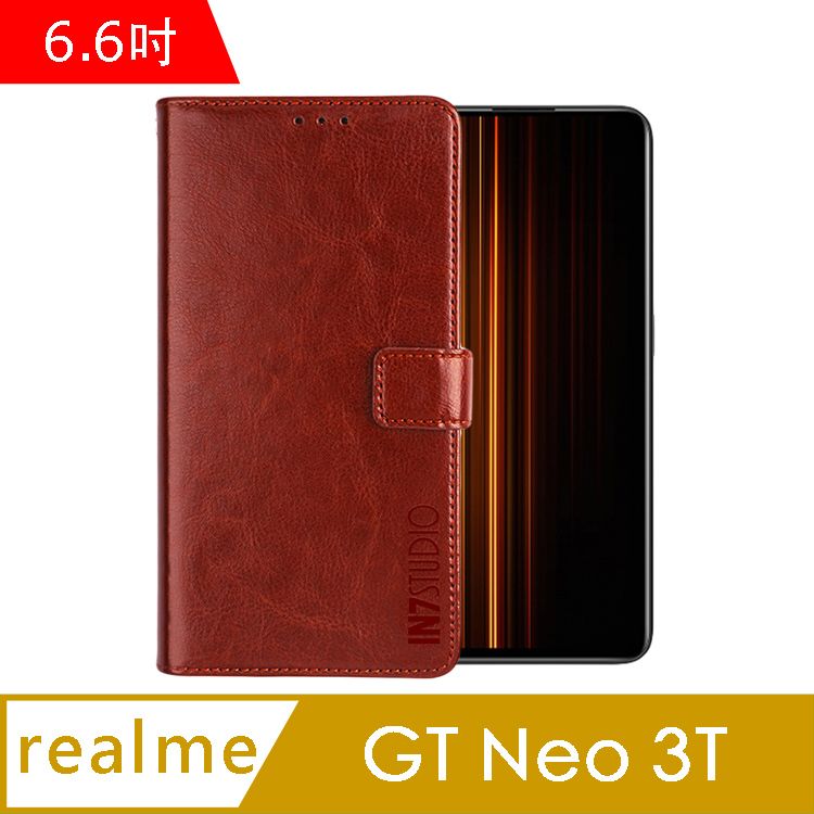 IN7  瘋馬紋 realme GT Neo 3T (6.6吋) 錢包式 磁扣側掀PU皮套 吊飾孔 手機皮套保護殼-棕色