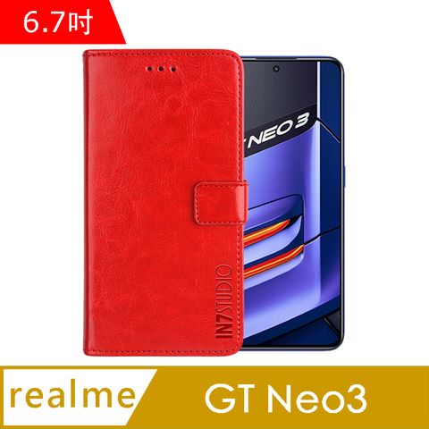 IN7 瘋馬紋 realme GT Neo3 (6.7吋) 錢包式 磁扣側掀PU皮套 吊飾孔 手機皮套保護殼-紅色