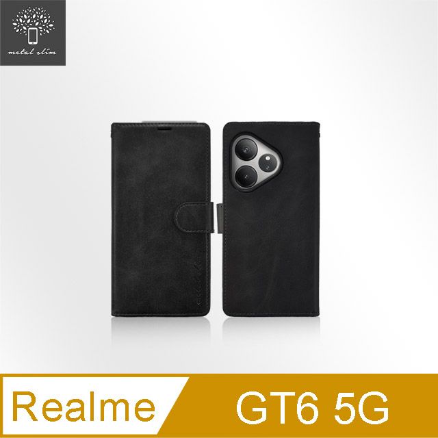 Metal-Slim Realme GT 6 5G 高仿小牛皮前扣磁吸內層卡夾皮套