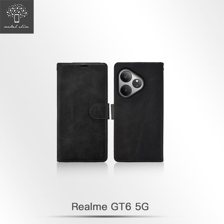 Metal-Slim Realme GT 6 5G 高仿小牛皮前扣磁吸內層卡夾皮套