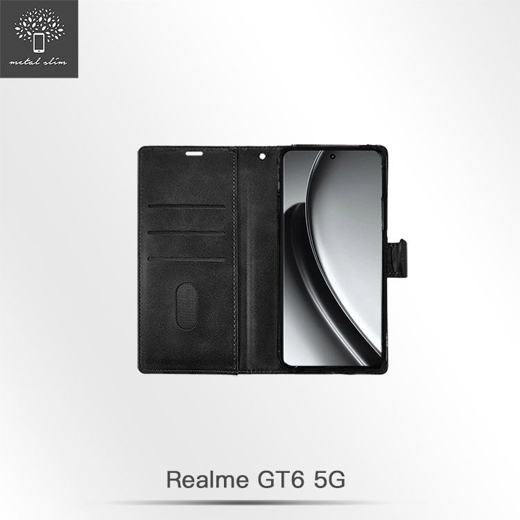 Metal-Slim Realme GT 6 5G 高仿小牛皮前扣磁吸內層卡夾皮套