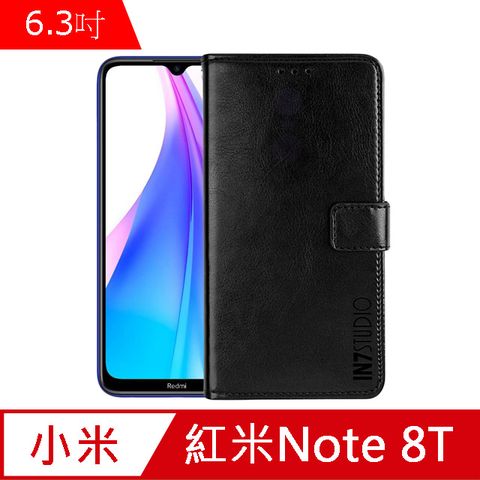 IN7 瘋馬紋 紅米Note 8T (6.3吋) 錢包式 磁扣側掀PU皮套 吊飾孔 手機皮套保護殼-黑色