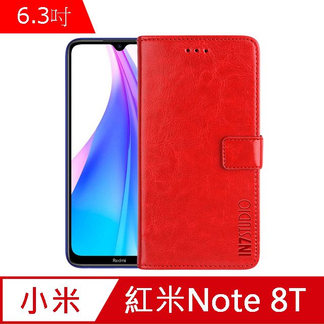 IN7  瘋馬紋 紅米Note 8T (6.3吋) 錢包式 磁扣側掀PU皮套 吊飾孔 手機皮套保護殼-紅色