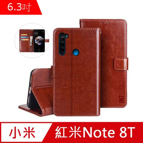 IN7 瘋馬紋 紅米Note 8T (6.3吋) 錢包式 磁扣側掀PU皮套 吊飾孔 手機皮套保護殼-棕色