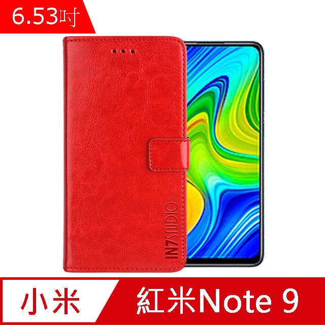 IN7  瘋馬紋 紅米Note9 (6.53吋) 錢包式 磁扣側掀PU皮套 吊飾孔 手機皮套保護殼-紅色