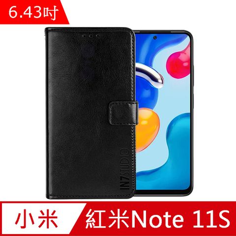 IN7 瘋馬紋 紅米 Note 11S 4G (6.43吋) 錢包式 磁扣側掀PU皮套 吊飾孔 手機皮套保護殼-黑色