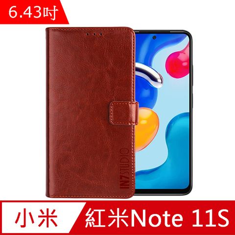 IN7 瘋馬紋 紅米 Note 11S 4G (6.43吋) 錢包式 磁扣側掀PU皮套 吊飾孔 手機皮套保護殼-棕色