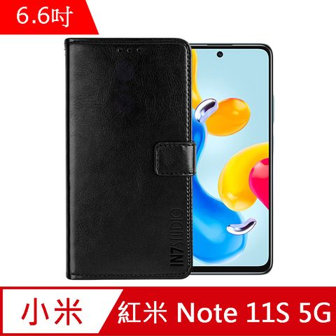 IN7 瘋馬紋 紅米 Note 11S 5G (6.6吋) 錢包式 磁扣側掀PU皮套 吊飾孔 手機皮套保護殼-黑色