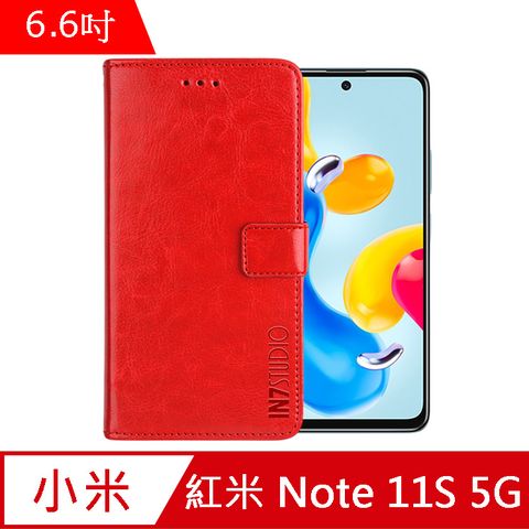 IN7 瘋馬紋 紅米 Note 11S 5G (6.6吋) 錢包式 磁扣側掀PU皮套 吊飾孔 手機皮套保護殼-紅色