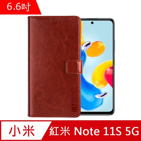 IN7 瘋馬紋 紅米 Note 11S 5G (6.6吋) 錢包式 磁扣側掀PU皮套 吊飾孔 手機皮套保護殼-棕色