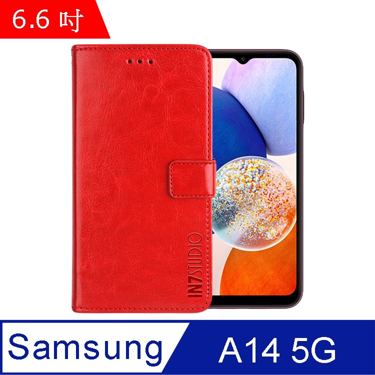 IN7  瘋馬紋 Samsung A14 5G (6.6吋) 錢包式 磁扣側掀PU皮套 吊飾孔 手機皮套保護殼-紅色