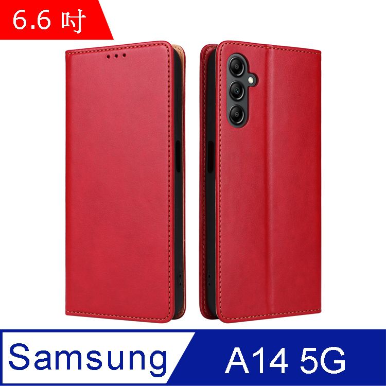 Fierre Shann  真皮紋 Samsung A14 5G (6.6吋) 錢包支架款 磁吸側掀 手工PU皮套保護殼-紅色