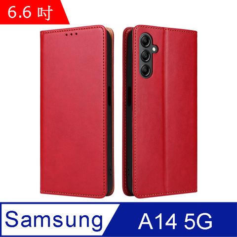 Fierre Shann 真皮紋 Samsung A14 5G (6.6吋) 錢包支架款 磁吸側掀 手工PU皮套保護殼-紅色