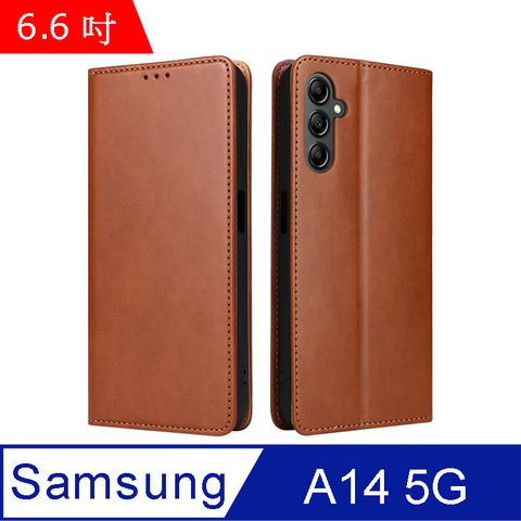 Fierre Shann 真皮紋 Samsung A14 5G (6.6吋) 錢包支架款 磁吸側掀 手工PU皮套保護殼-棕色