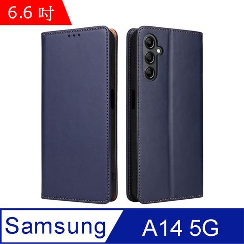 Fierre Shann 真皮紋 Samsung A14 5G (6.6吋) 錢包支架款 磁吸側掀 手工PU皮套保護殼-藍色