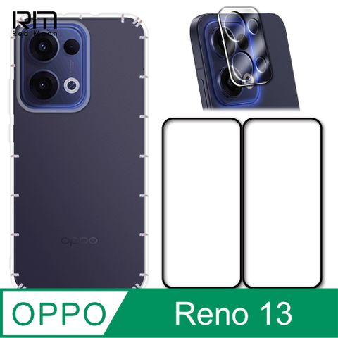 RedMoon OPPO Reno13 5G 手機殼貼4件組 空壓殼-9H玻璃保貼2入+3D全包鏡頭貼