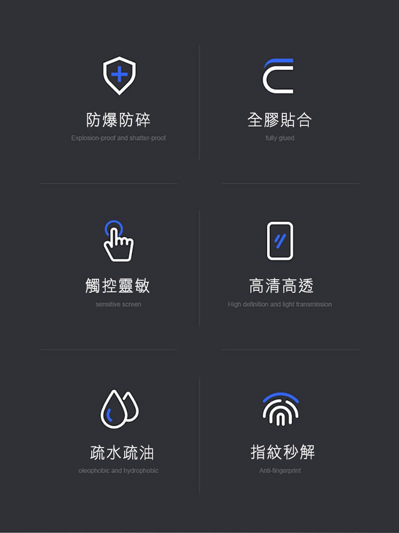 防爆防碎Explosion-proof and shatter-proof全膠貼合 glued觸控靈敏sensitive screen高清高透High definition and light transmission疏水疏油指紋秒解oleophobic and hydrophobicAnti-fingerprint