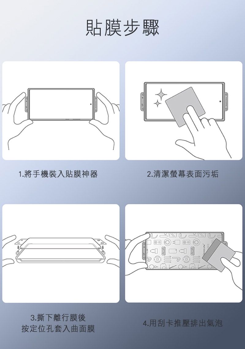 貼膜步驟1. 將手機裝入貼膜神器2.清潔螢幕表面污垢3.撕下離行膜後4.用刮卡推壓排出氣泡按定位孔套入曲面膜