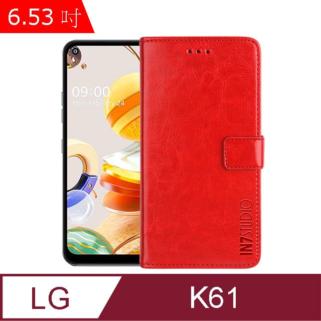 IN7 瘋馬紋 LG K61 (6.53吋) 錢包式 磁扣側掀皮套 吊飾孔 手機皮套保護殼-紅色