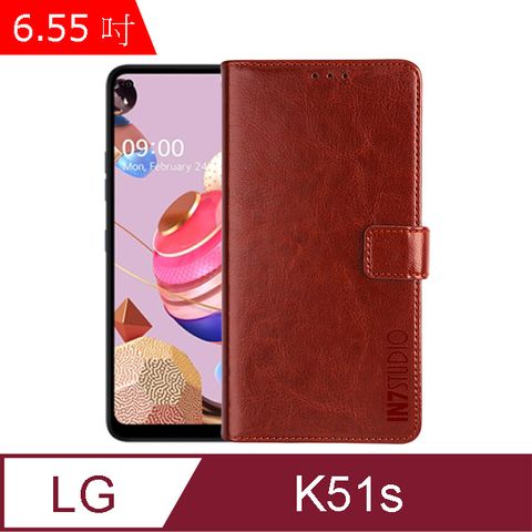 IN7 瘋馬紋 LG K51s (6.55吋) 錢包式 磁扣側掀皮套 吊飾孔 手機皮套保護殼-棕色