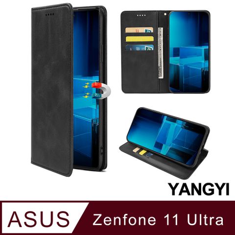 YANG YI 揚邑 ASUS Zenfone 11 Ultra 磁吸皮革支架手機殼牛皮紋卡夾側掀皮套插卡防摔保護套