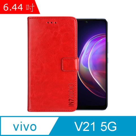 IN7 瘋馬紋 vivo V21 5G (6.44吋) 錢包式 磁扣側掀PU皮套 吊飾孔 手機皮套保護殼-紅色