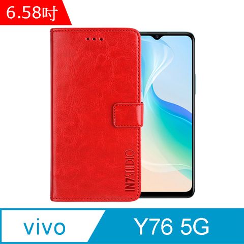 IN7 瘋馬紋 vivo Y76 5G (6.58吋) 錢包式 磁扣側掀PU皮套 吊飾孔 手機皮套保護殼-紅色