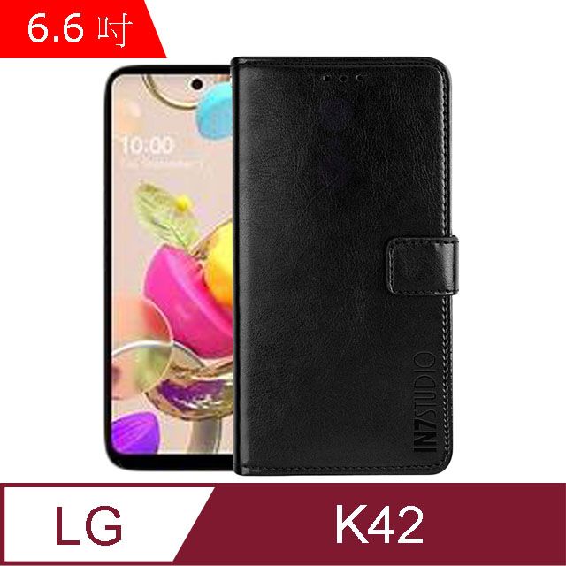 IN7 瘋馬紋 LG K42 (6.6吋) 錢包式 磁扣側掀皮套 吊飾孔 手機皮套保護殼-黑色