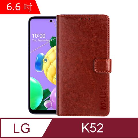 IN7 瘋馬紋 LG K52 (6.6吋) 錢包式 磁扣側掀皮套 吊飾孔 手機皮套保護殼-棕色