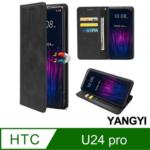 YANG YI 揚邑 HTC U24 pro 磁吸皮革支架手機殼牛皮紋卡夾側掀皮套插卡防摔保護套