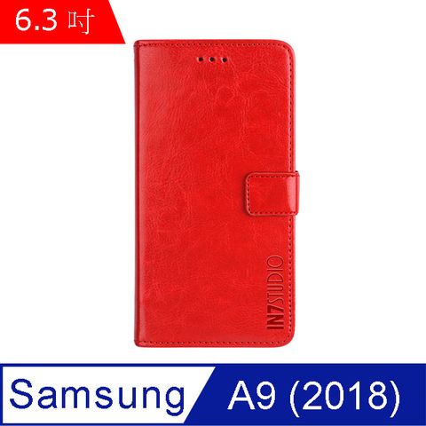 IN7 瘋馬紋 Samsung Galaxy A9 2018 (6.3吋) 錢包式 磁扣側掀PU皮套 吊飾孔 手機皮套保護殼-紅色