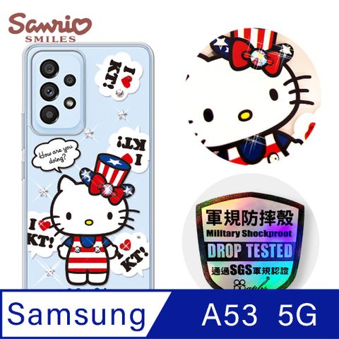 APBS 三麗鷗 Kitty Samsung Galaxy A53 5G 輕薄軍規防摔彩鑽手機殼-凱蒂美國派