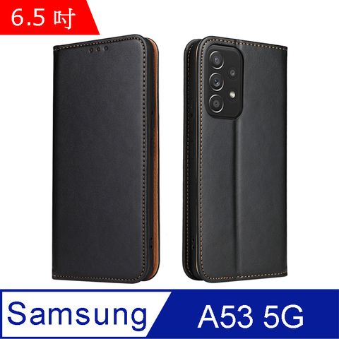 Fierre Shann 真皮紋 Samsung A53 5G (6.5吋) 錢包支架款 磁吸側掀 手工PU皮套保護殼-黑色