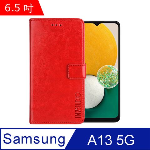 IN7 瘋馬紋 Samsung A13 5G (6.5吋) 錢包式 磁扣側掀PU皮套 吊飾孔 手機皮套保護殼-紅色