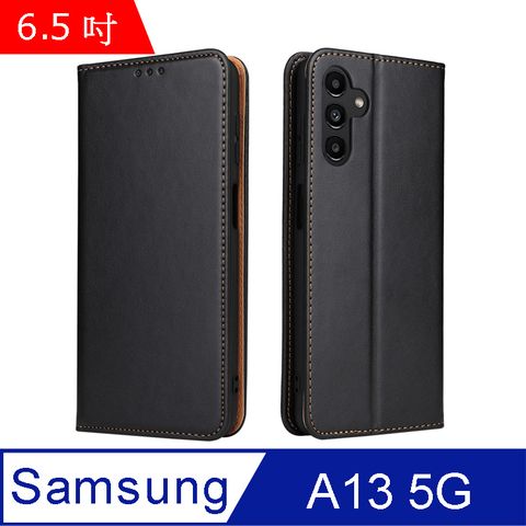 Fierre Shann 真皮紋 Samsung A13 5G (6.5吋) 錢包支架款 磁吸側掀 手工PU皮套保護殼-黑色