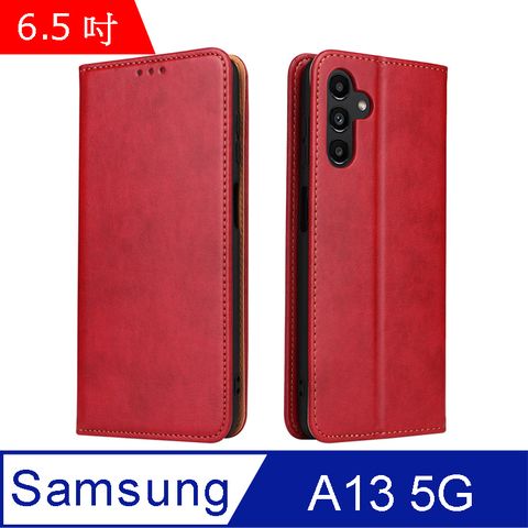 Fierre Shann 真皮紋 Samsung A13 5G (6.5吋) 錢包支架款 磁吸側掀 手工PU皮套保護殼-紅色