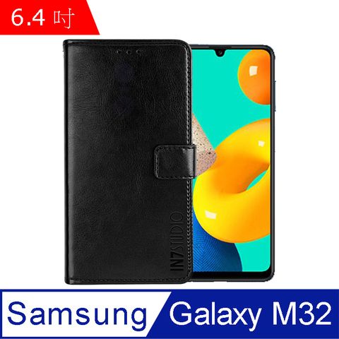 PU IN7 瘋馬紋 Samsung Galaxy M32 (6.4吋) 錢包式 磁扣側掀皮套 吊飾孔 手機皮套保護殼-黑色