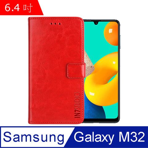 PU IN7 瘋馬紋 Samsung Galaxy M32 (6.4吋) 錢包式 磁扣側掀皮套 吊飾孔 手機皮套保護殼-紅色